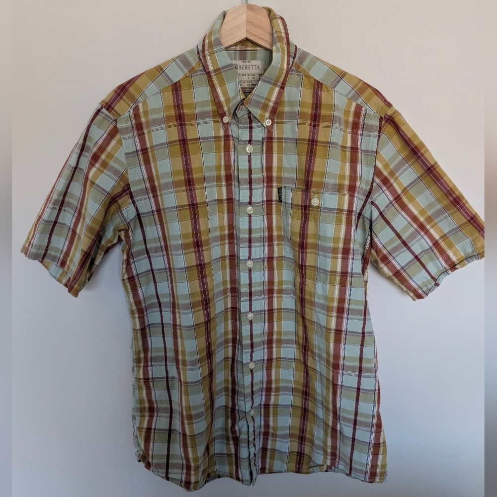 Beretta Firearms Short Sleeve Shirt Men's Medium Yellow Red Blue Plaid Classic